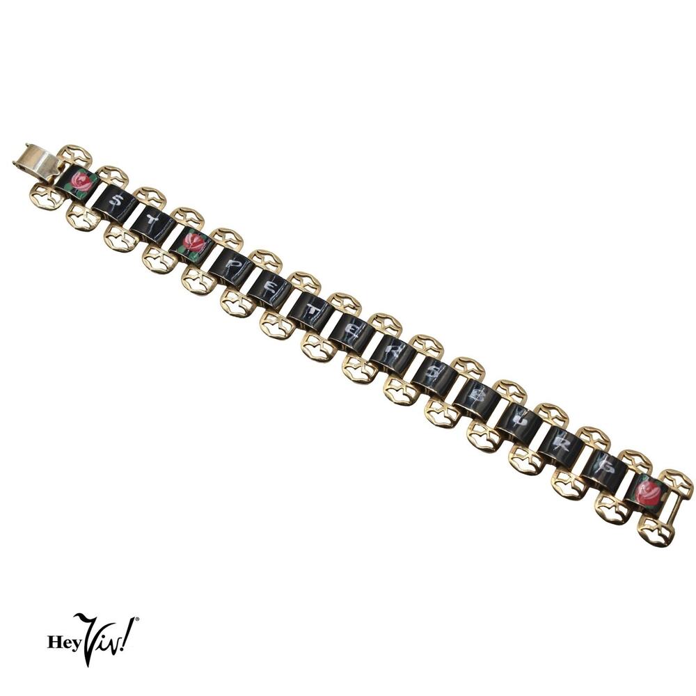 Vintage St Petersburg Bracelet Black Enamel Roses Gold Tone Souvenir 7" -Hey Viv